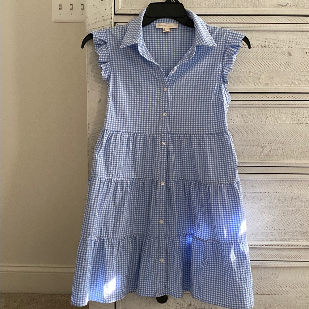 Monteau LA Womens Light Blue Gingham Tiered Button-Front 

PTP 18

Length 32